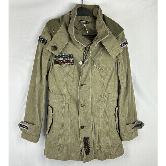 Free People Military Velour Jacket Women's Size 4 Army Green Sequin Patchwork - Picture 1 of 5